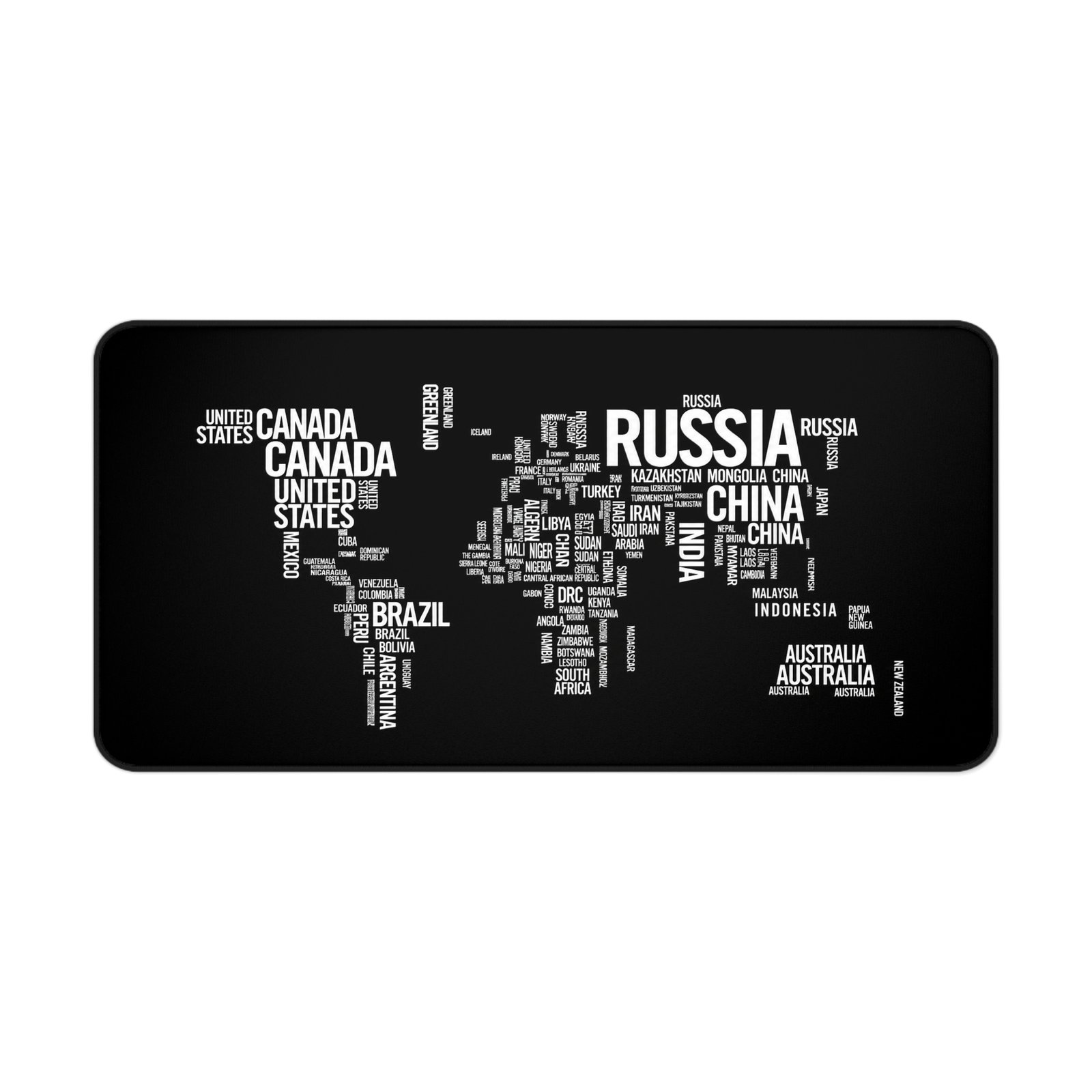 World Map Word Art Desk Mat — Black Typographic Map Mouse Pad - Image 11