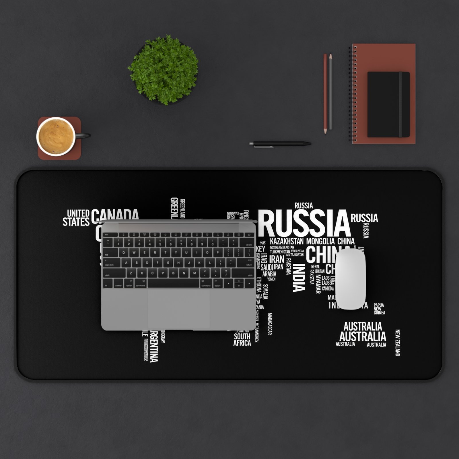 World Map Word Art Desk Mat — Black Typographic Map Mouse Pad - Image 13