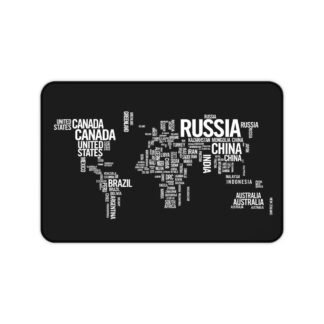 World Map Word Art Desk Mat — Black Typographic Map Mouse Pad