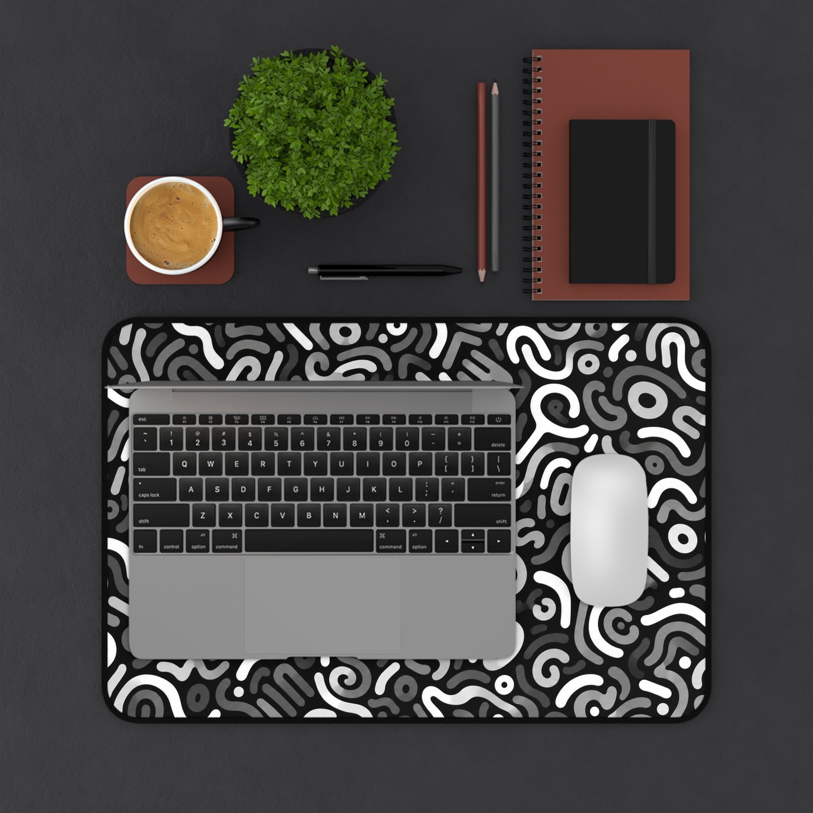 Abstract Monochrome Desk Mat — Black & White Doodle Pattern Mousepad - Image 3