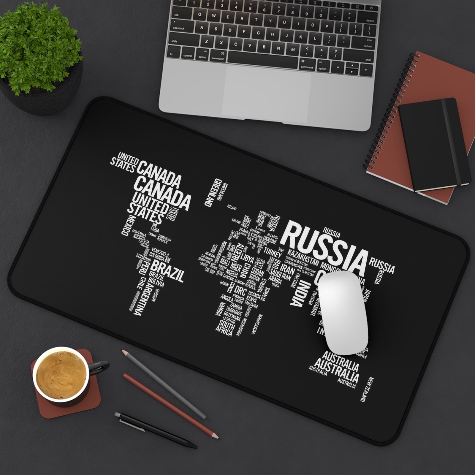 World Map Word Art Desk Mat — Black Typographic Map Mouse Pad - Image 9