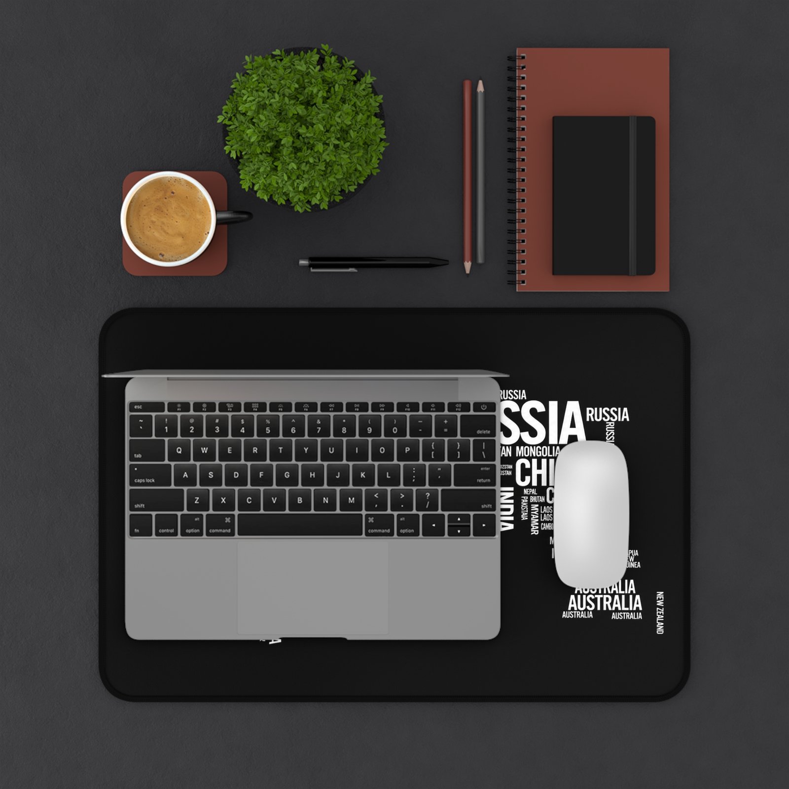 World Map Word Art Desk Mat — Black Typographic Map Mouse Pad - Image 3