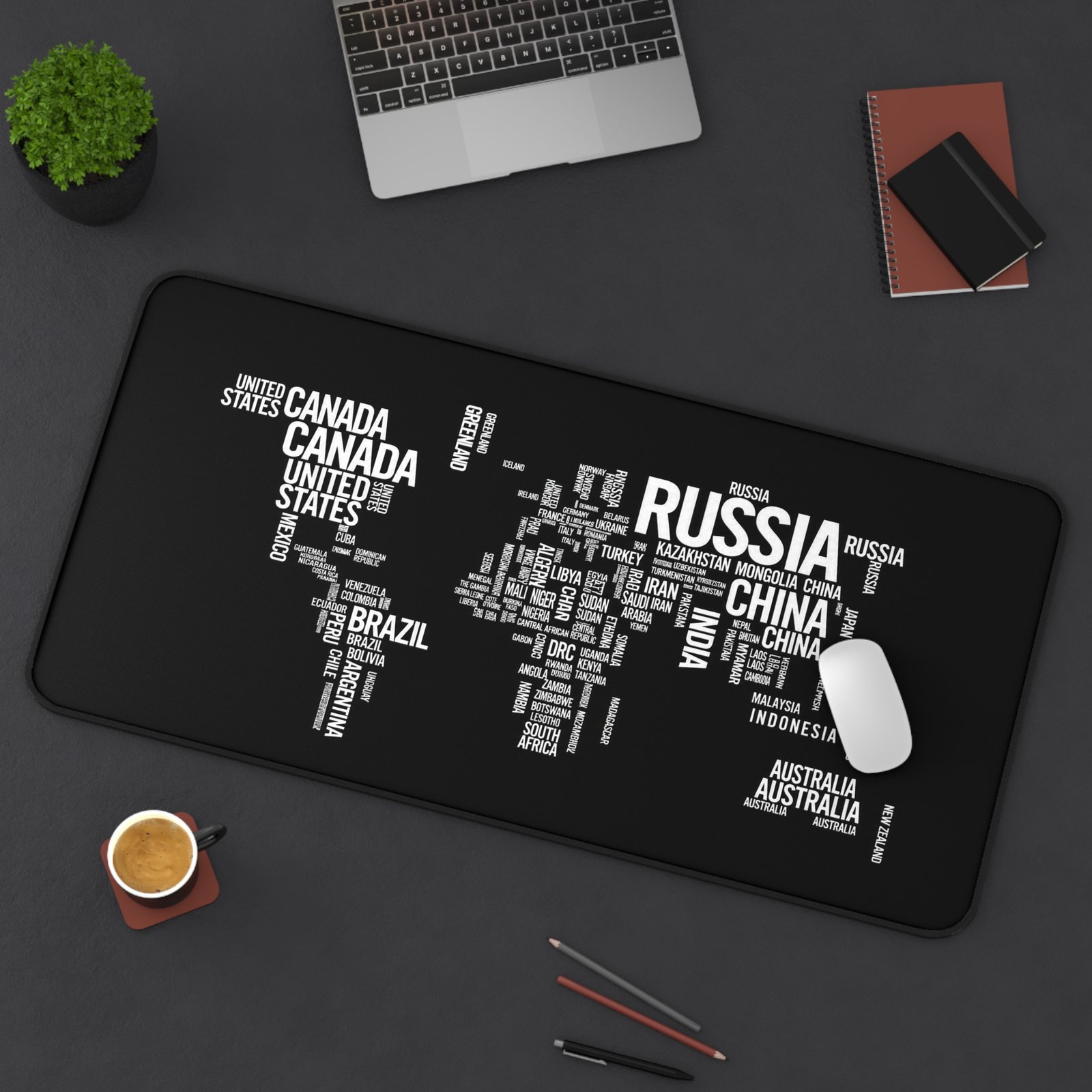 World Map Word Art Desk Mat — Black Typographic Map Mouse Pad - Image 14