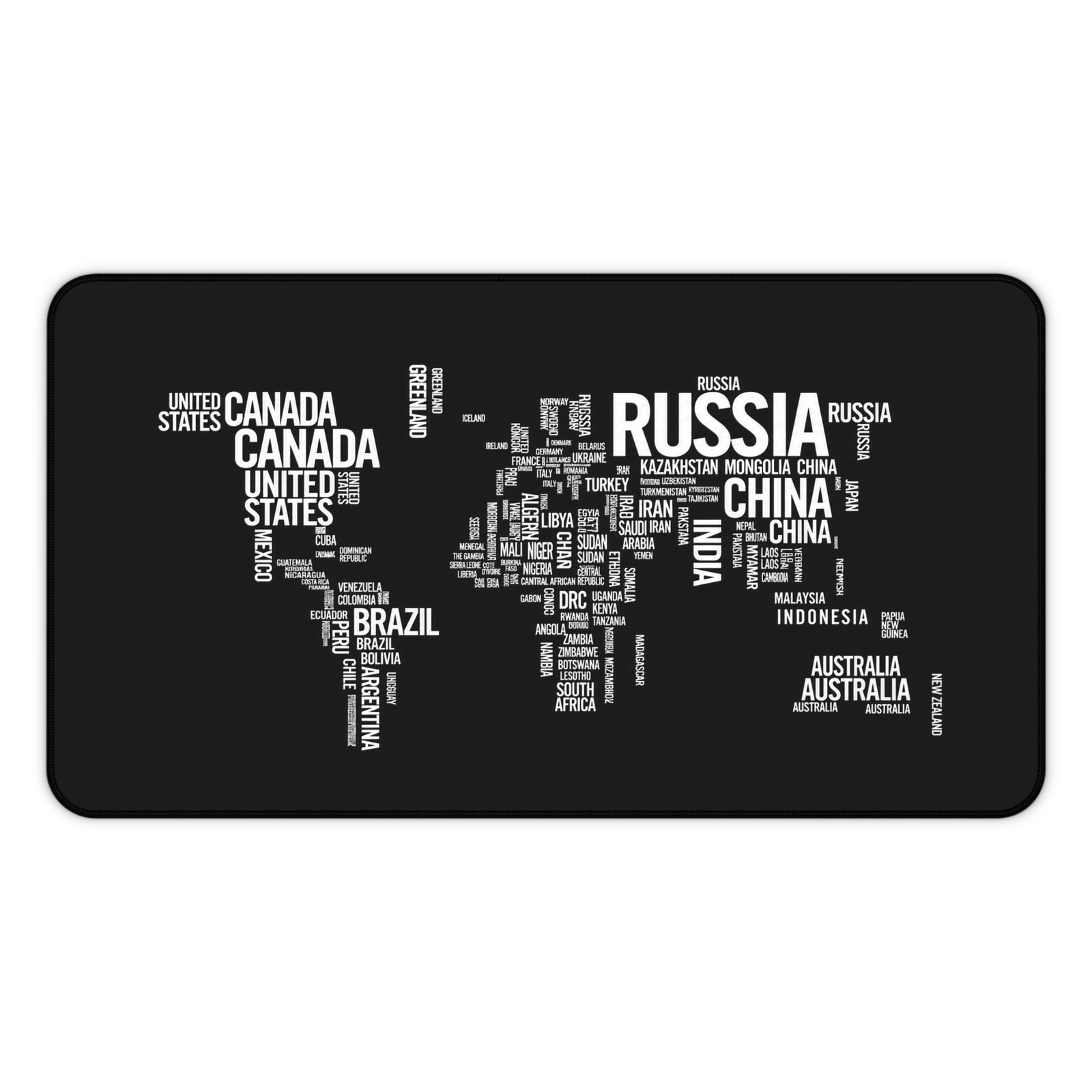 World Map Word Art Desk Mat — Black Typographic Map Mouse Pad - Image 6