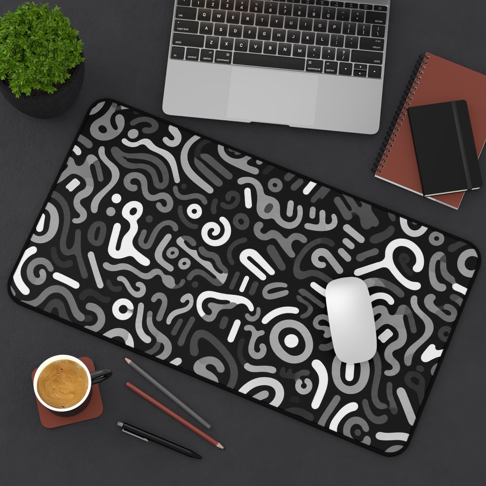 Abstract Monochrome Desk Mat — Black & White Doodle Pattern Mousepad - Image 9