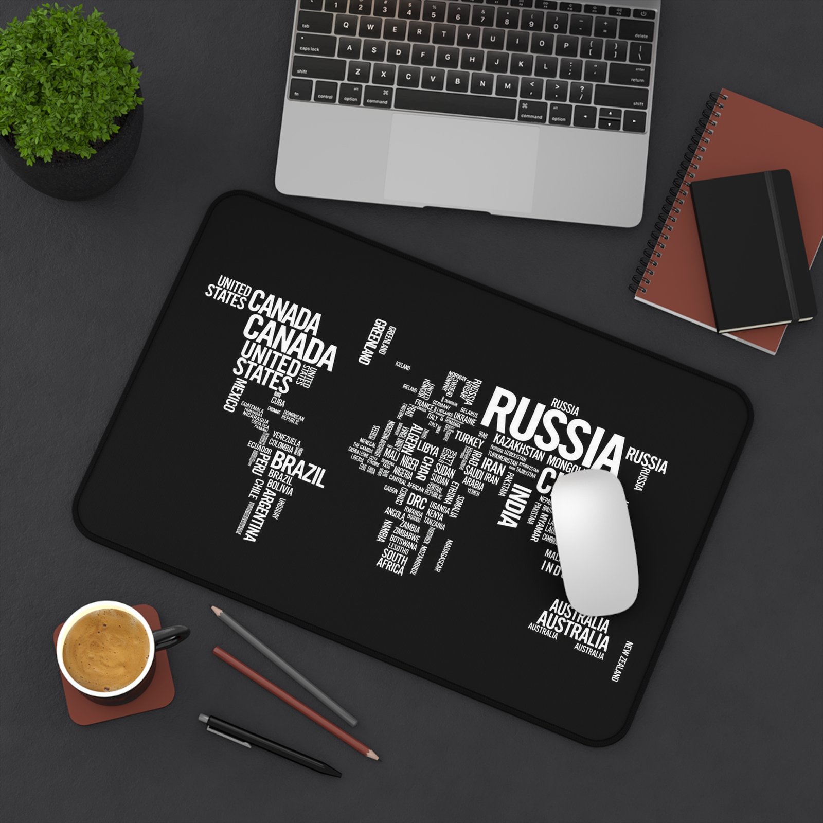 World Map Word Art Desk Mat — Black Typographic Map Mouse Pad - Image 4