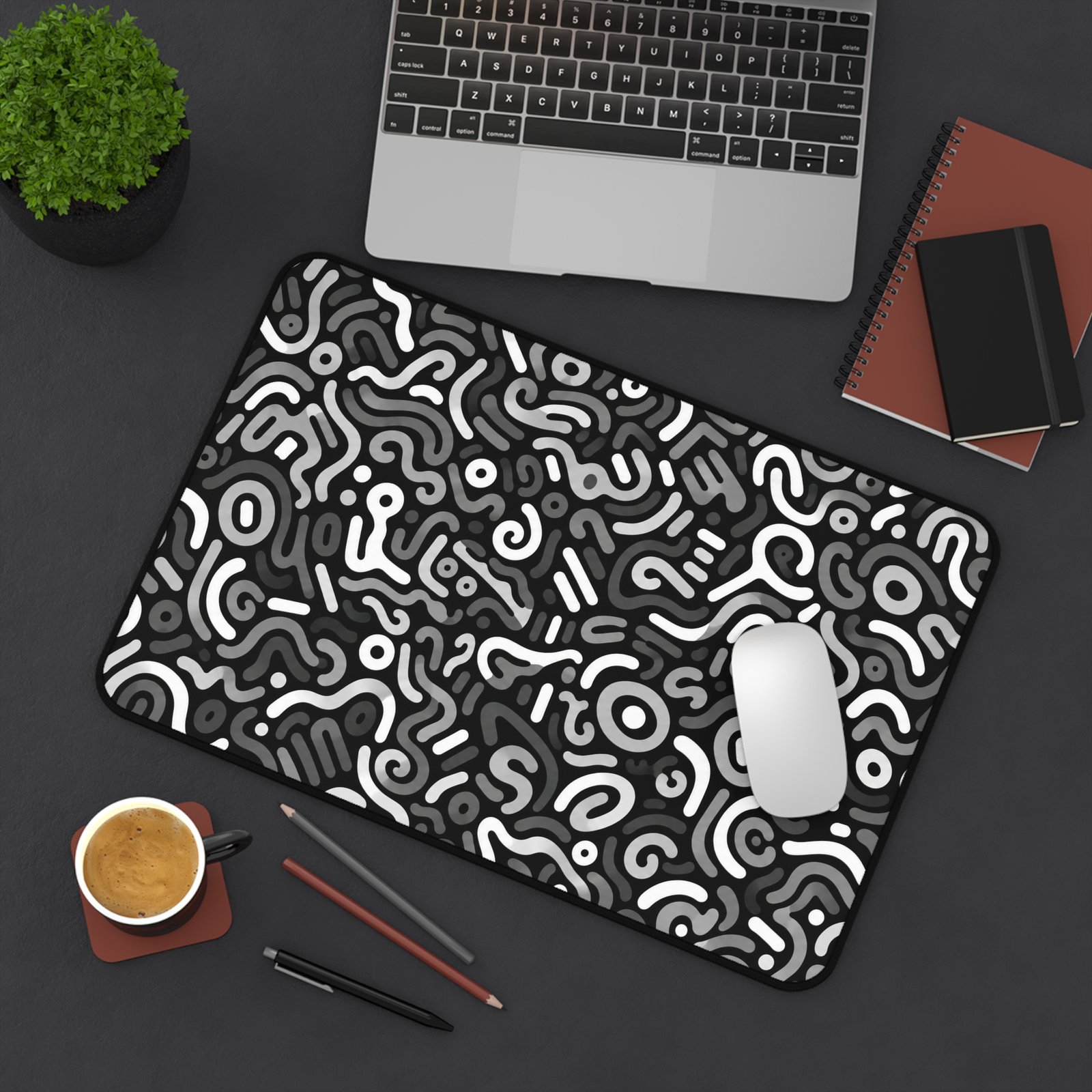 Abstract Monochrome Desk Mat — Black & White Doodle Pattern Mousepad - Image 4