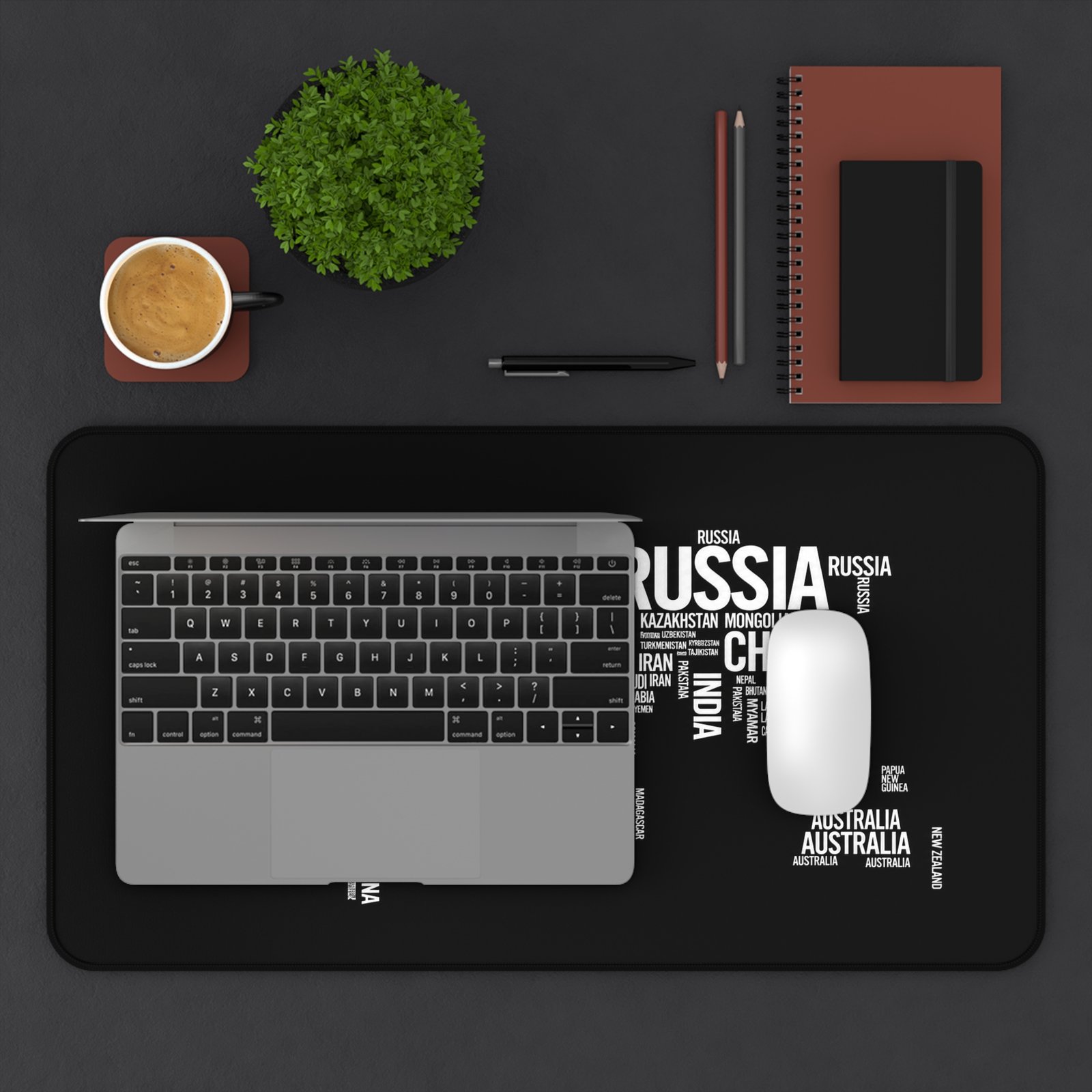 World Map Word Art Desk Mat — Black Typographic Map Mouse Pad - Image 8