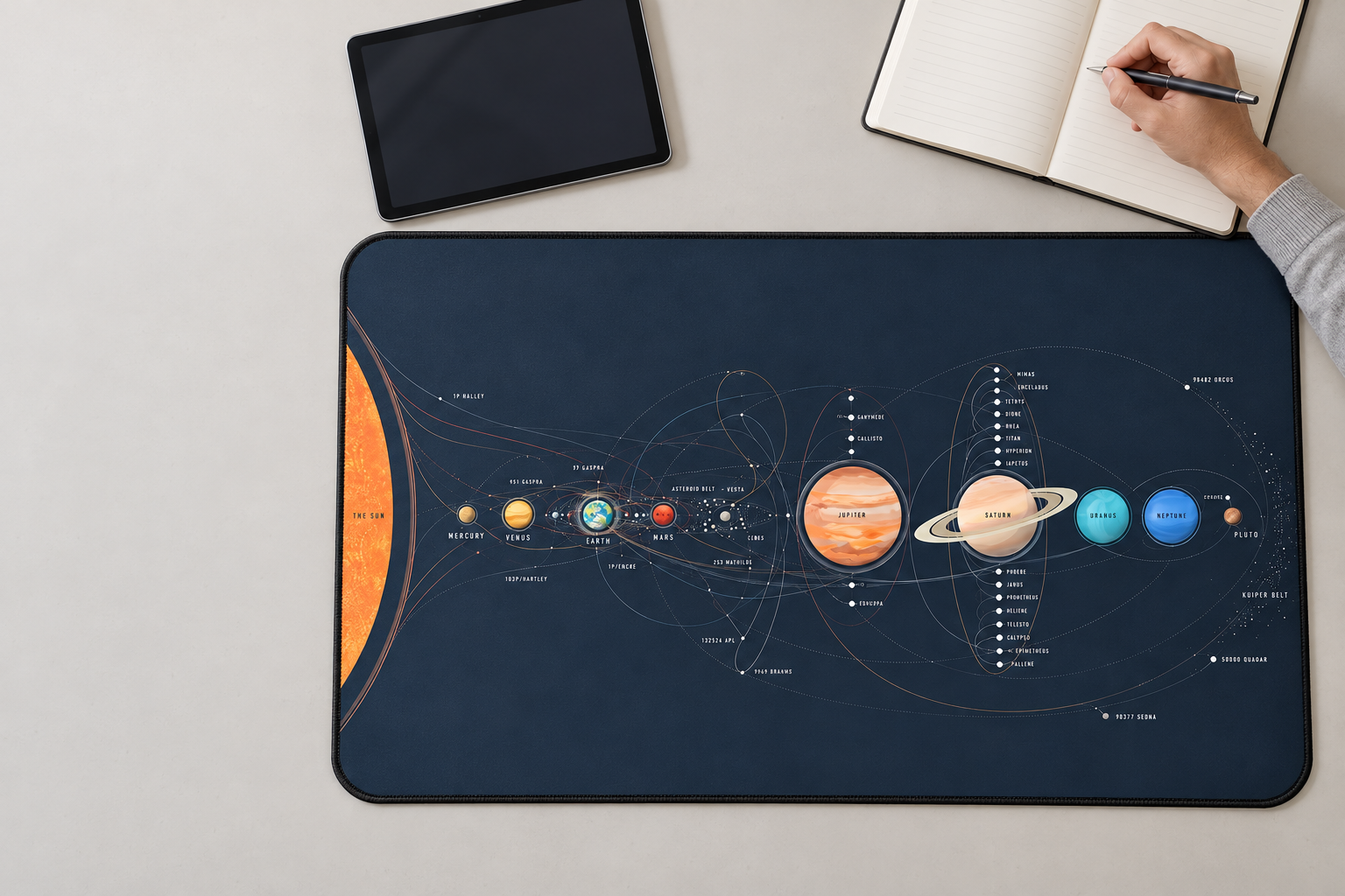 Solar system desk mat with a tablet and a person writing in a notebook.